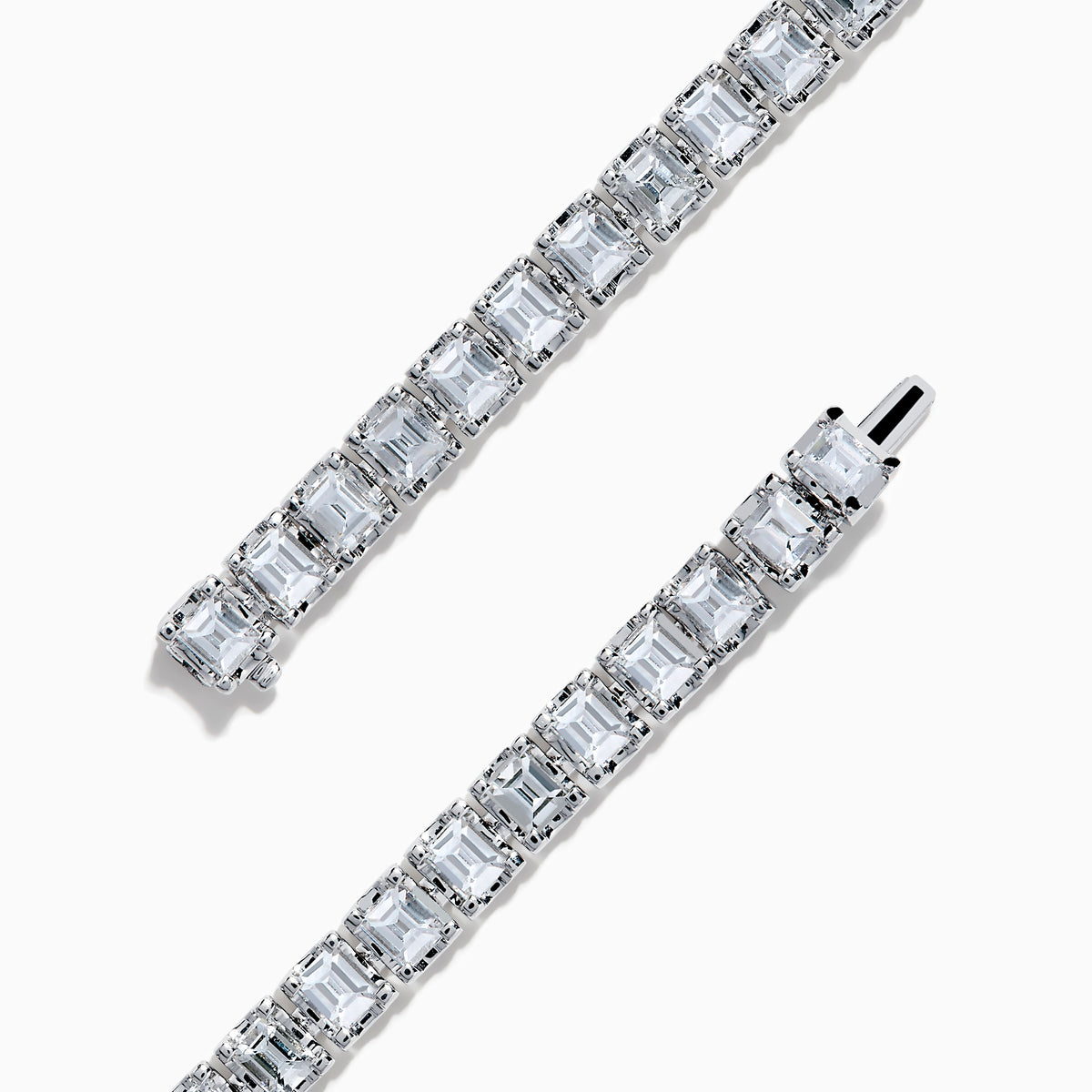 The 18K White Gold Diamond Tennis Bracelet features a continuous row of square-cut diamonds in an elegant design set against a white background.