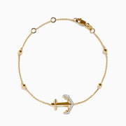 14K Yellow Gold Diamond Anchor Beaded Station Bracelet