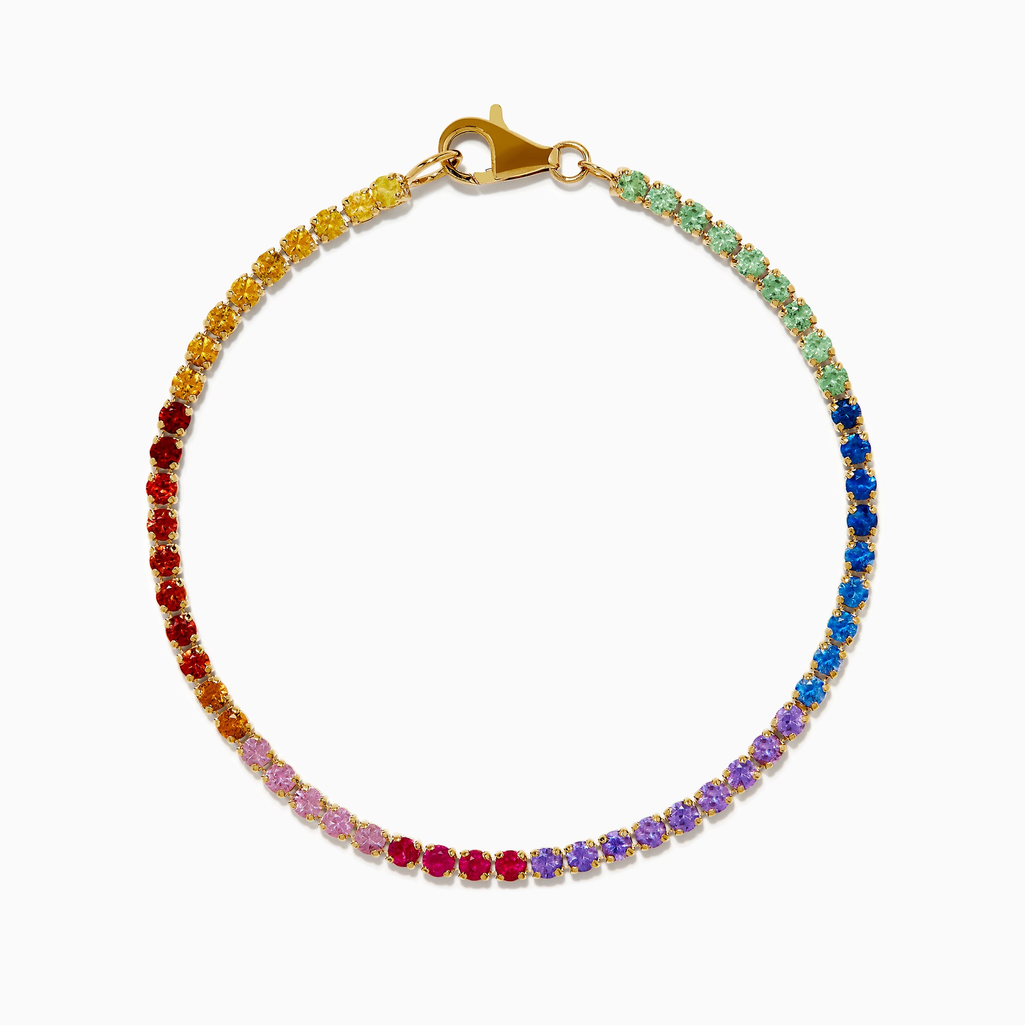 The Watercolors 14K Yellow Gold Multi Sapphire Tennis Bracelet showcases a vibrant, rainbow-gradient of sapphires set in a continuous line for a colorful and elegant look.