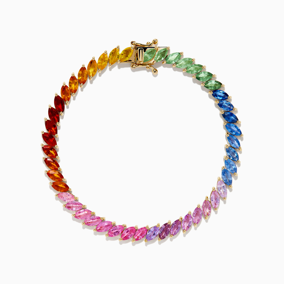 The Watercolors 14K Yellow Gold Multi Sapphire Bracelet features marquise-cut sapphires in a gradient rainbow pattern, transitioning from pink, purple, blue, green to orange around the band.