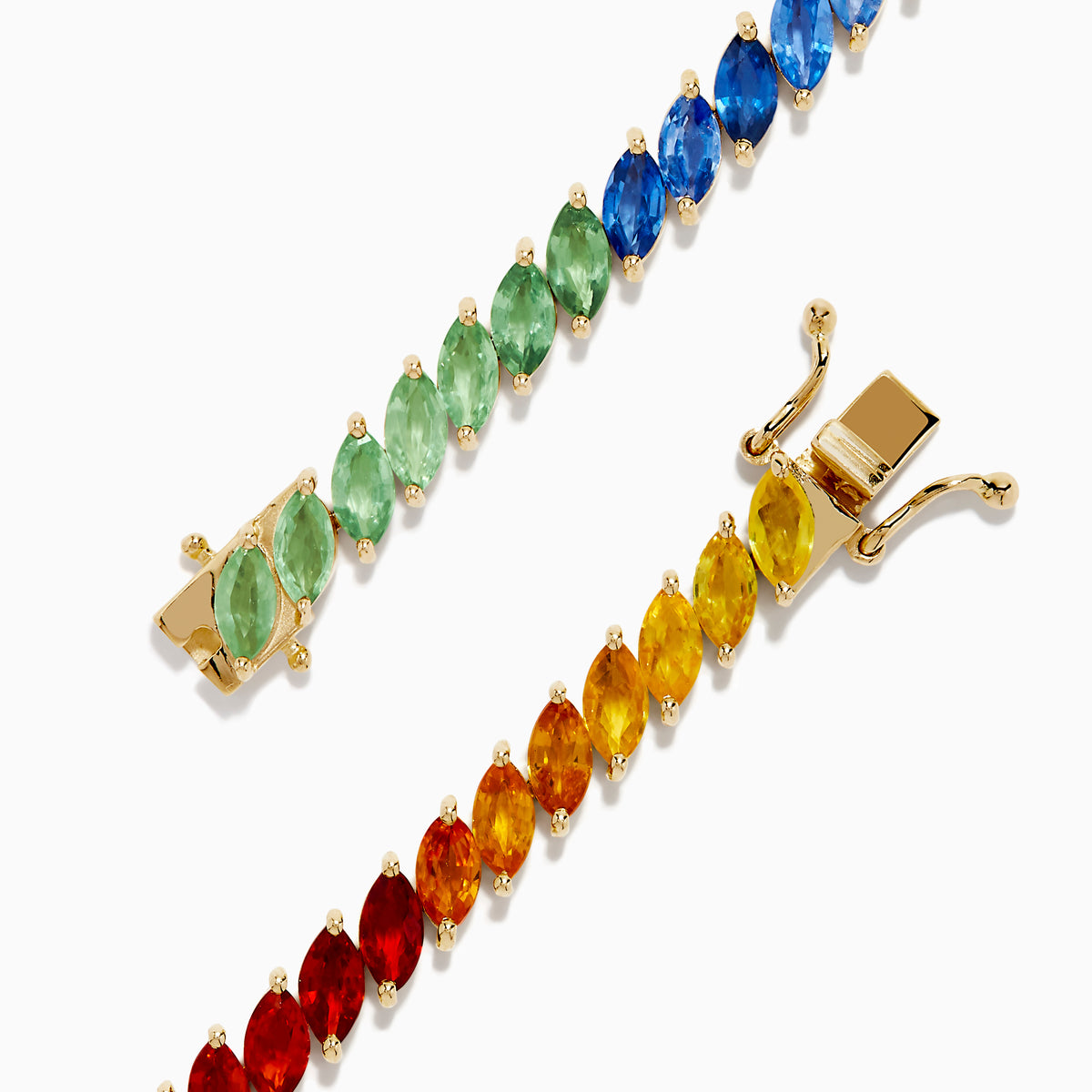 The Watercolors 14K Yellow Gold Multi Sapphire Bracelet features marquise-cut sapphires in a gradient rainbow pattern, transitioning from pink, purple, blue, green to orange around the band.