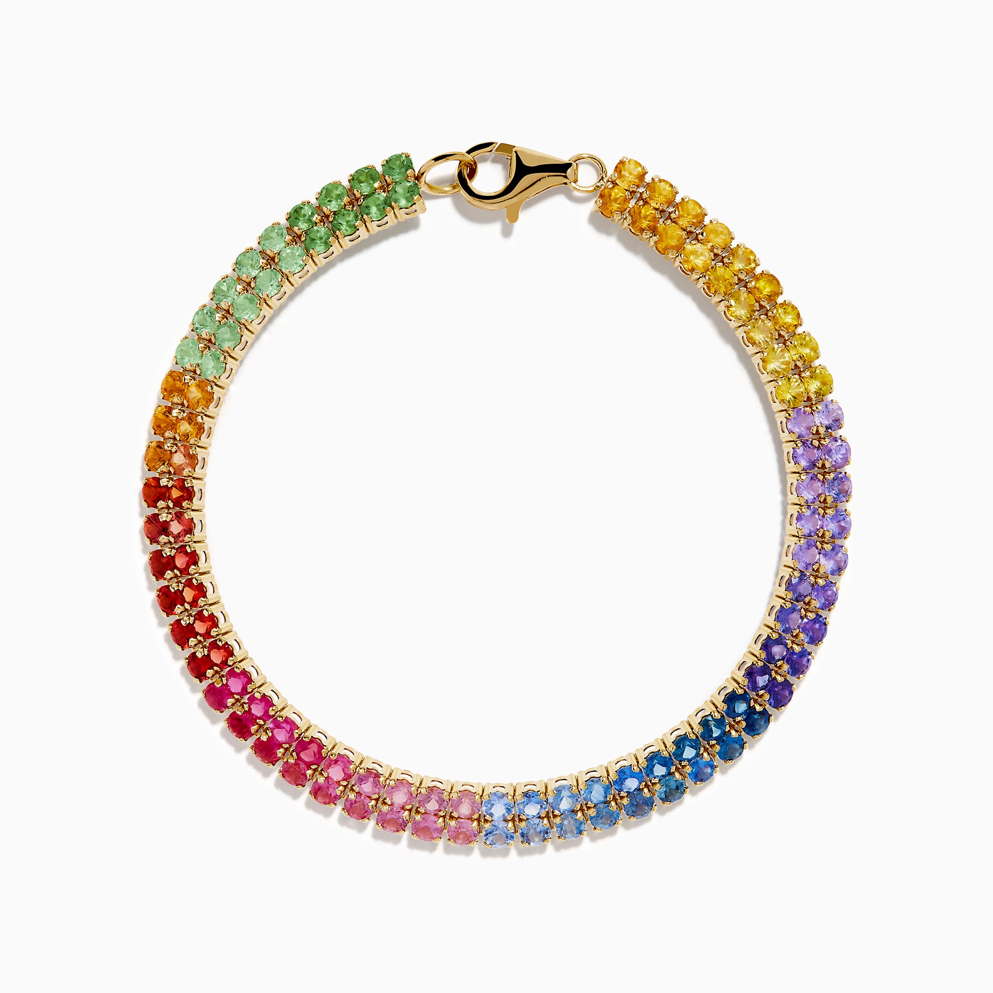 The Watercolors 14K Yellow Gold Multi Sapphire Double Lined Tennis Bracelet showcases two rows of sapphires in a vibrant rainbow gradient, with colors flowing from red and orange to yellow, green, blue, and purple.