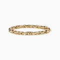 A 14K Yellow Gold Hollow Byzantine Chain-Link Bracelet, featuring an intricate and polished design, is elegantly displayed on a white background.