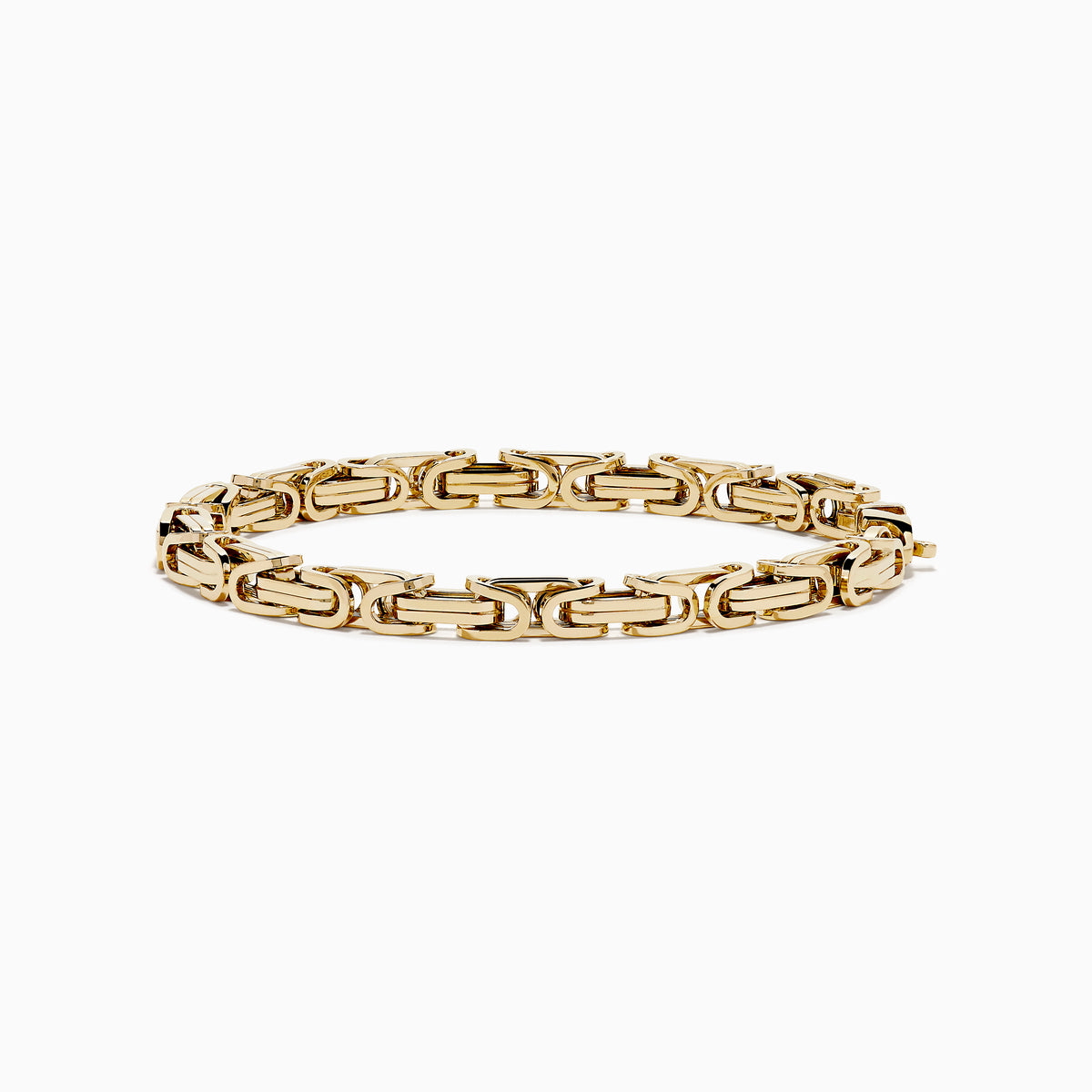 A 14K Yellow Gold Hollow Byzantine Chain-Link Bracelet, featuring an intricate and polished design, is elegantly displayed on a white background.