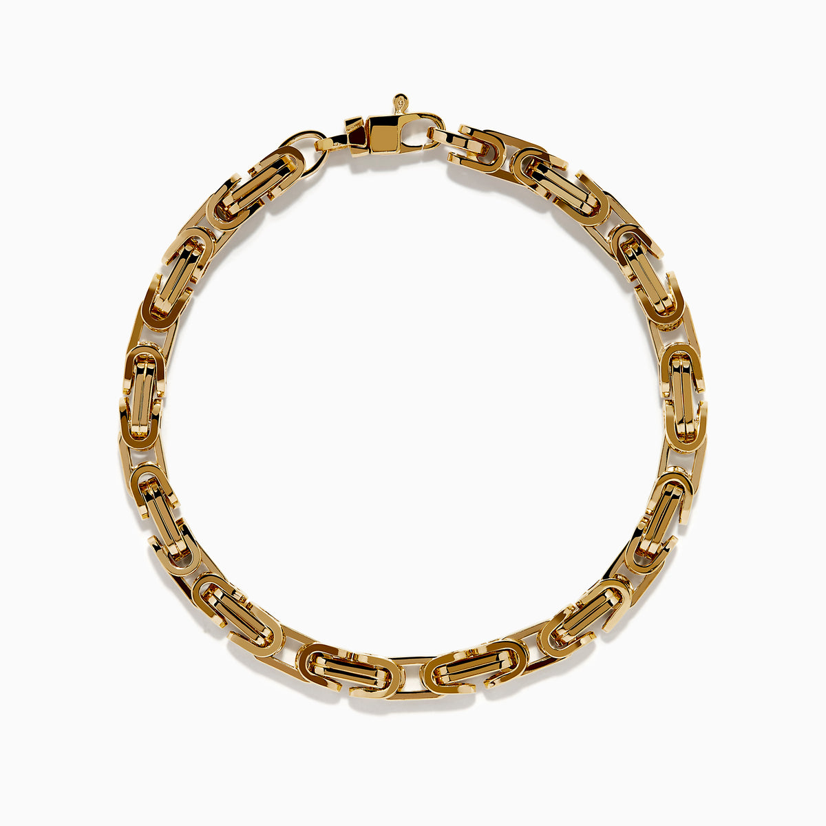 A 14K Yellow Gold Hollow Byzantine Chain-Link Bracelet, featuring an intricate and polished design, is elegantly displayed on a white background.