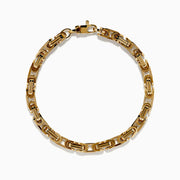 A 14K Yellow Gold Hollow Byzantine Chain-Link Bracelet, featuring an intricate and polished design, is elegantly displayed on a white background.