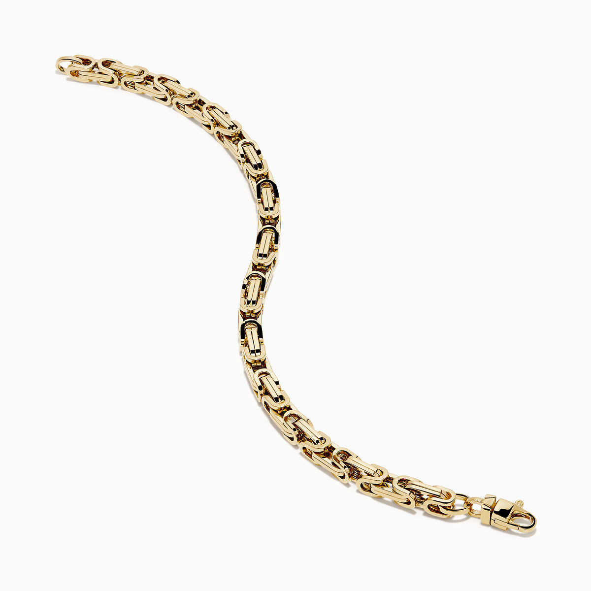 A 14K Yellow Gold Hollow Byzantine Chain-Link Bracelet, featuring an intricate and polished design, is elegantly displayed on a white background.