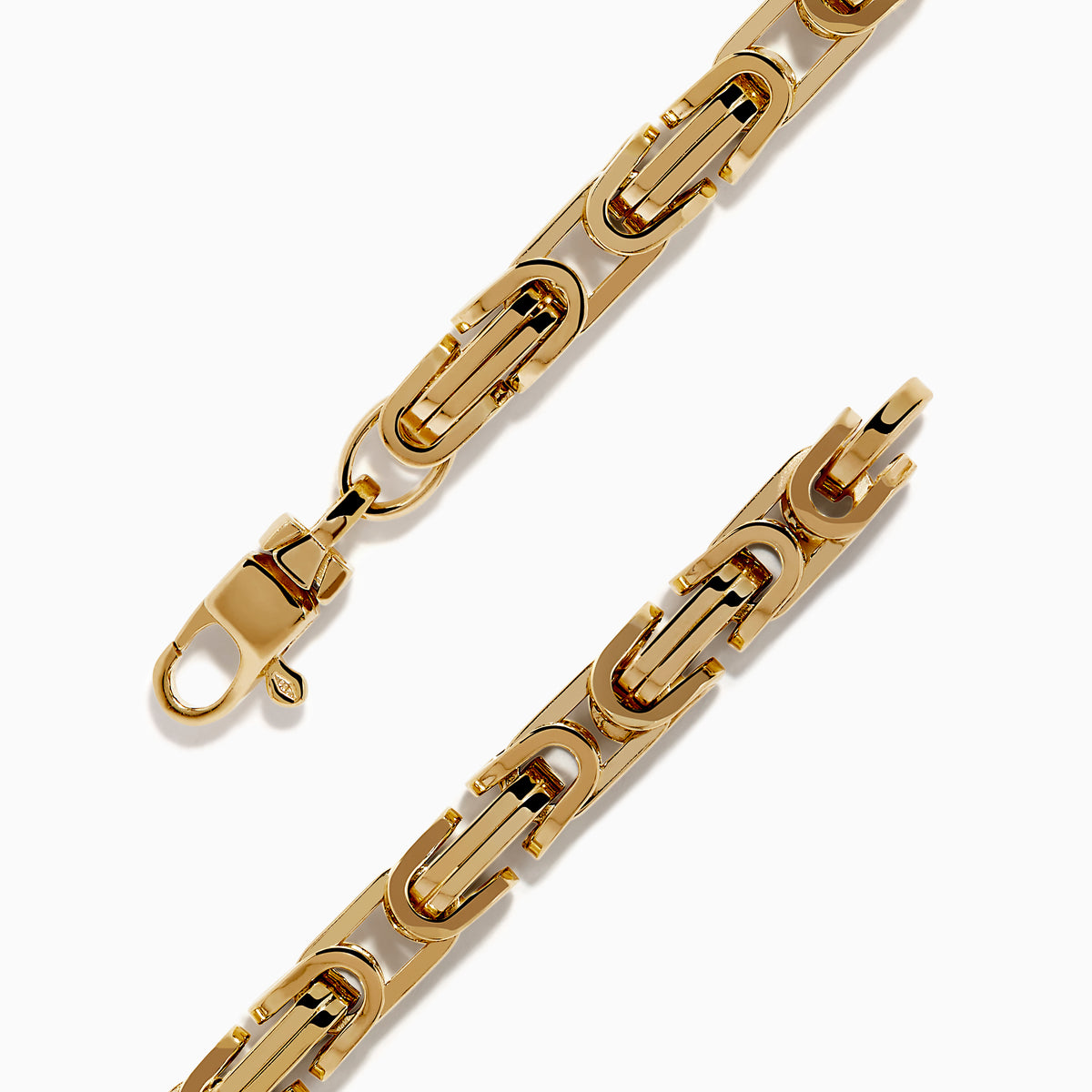 A 14K Yellow Gold Hollow Byzantine Chain-Link Bracelet, featuring an intricate and polished design, is elegantly displayed on a white background.