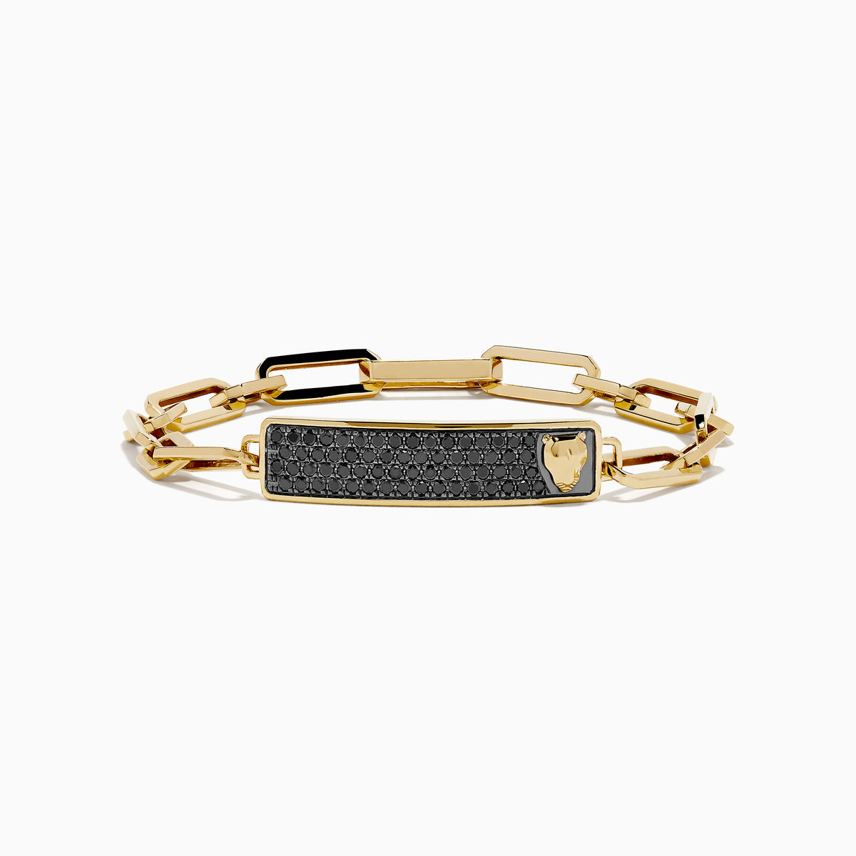 The Men's 14K Yellow Gold Black Diamond Pave Panther Link Bracelet features rectangular links and a black diamond pavé bar with a gold lion head, echoing classic panther link designs.