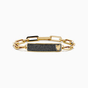 The Men's 14K Yellow Gold Black Diamond Pave Panther Link Bracelet features rectangular links and a black diamond pavé bar with a gold lion head, echoing classic panther link designs.