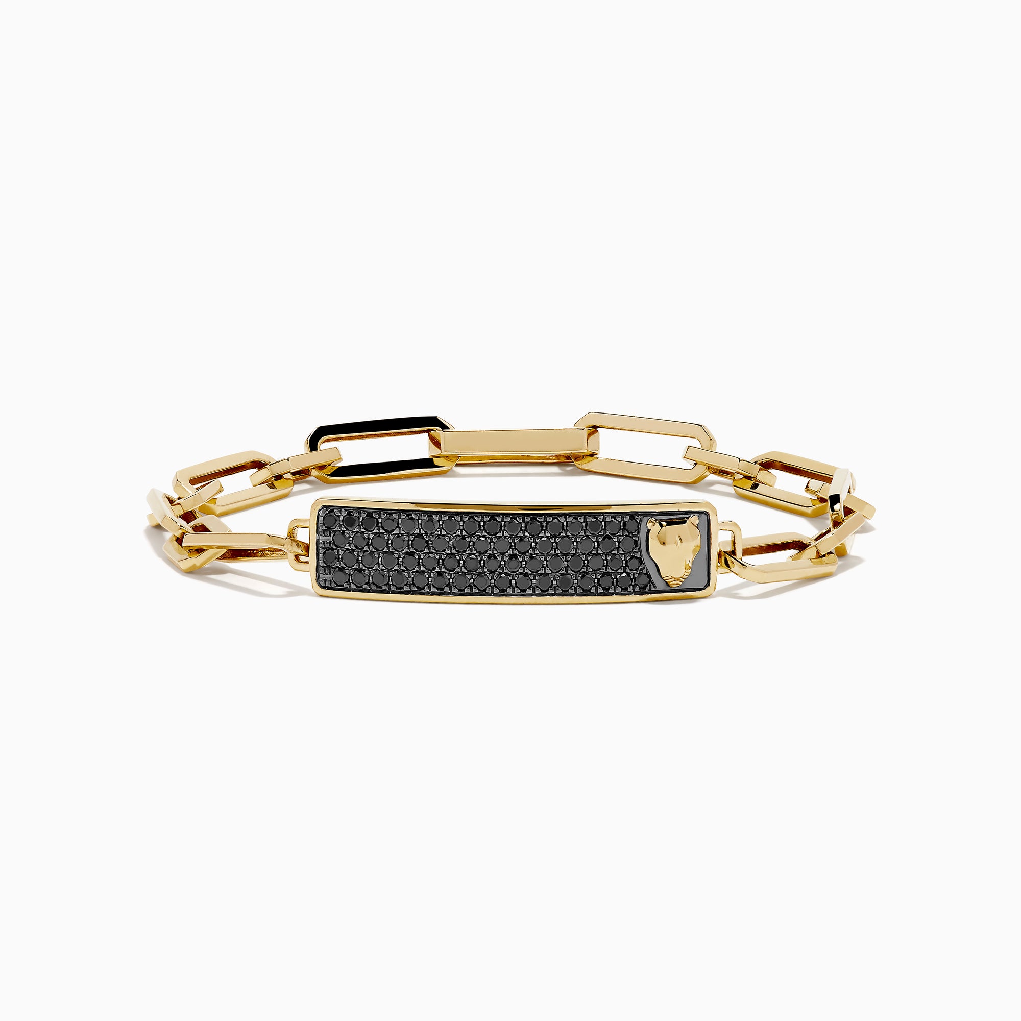 The Men's 14K Yellow Gold Black Diamond Pave Panther Link Bracelet features rectangular links and a black diamond pavé bar with a gold lion head, echoing classic panther link designs.
