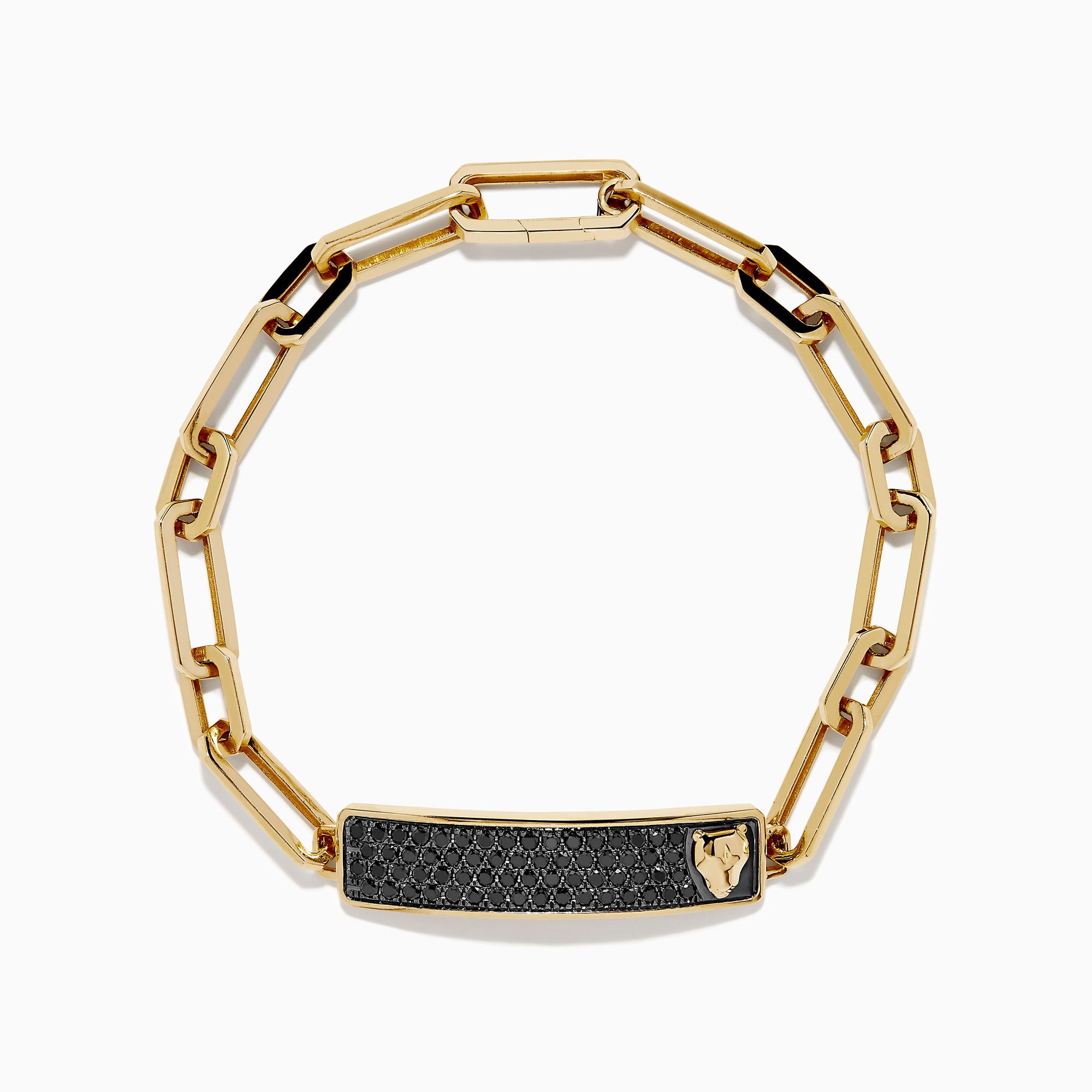 The Men's 14K Yellow Gold Black Diamond Pave Panther Link Bracelet features rectangular links and a black diamond pavé bar with a gold lion head, echoing classic panther link designs.