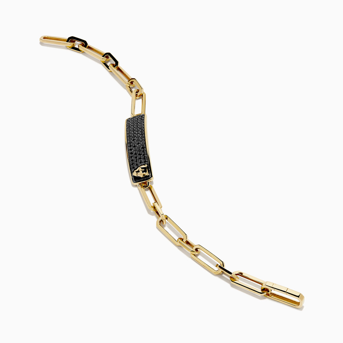 The Men's 14K Yellow Gold Black Diamond Pave Panther Link Bracelet features rectangular links and a black diamond pavé bar with a gold lion head, echoing classic panther link designs.