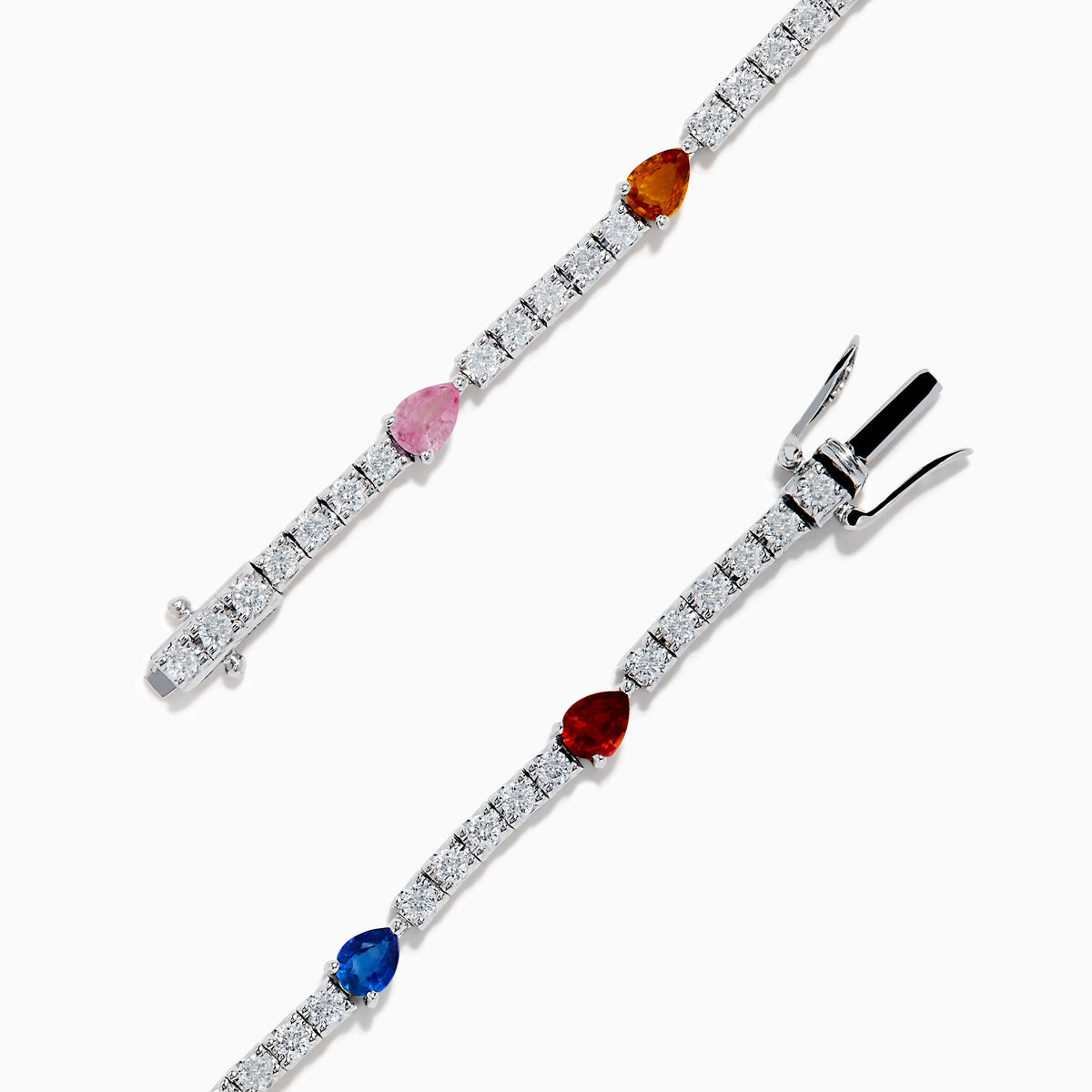 The Watercolors 14K White Gold Multi Sapphire and Diamond Tennis Bracelet features vivid sapphires in yellow, green, blue, orange, and red with sparkling diamonds for a timeless and elegant look.