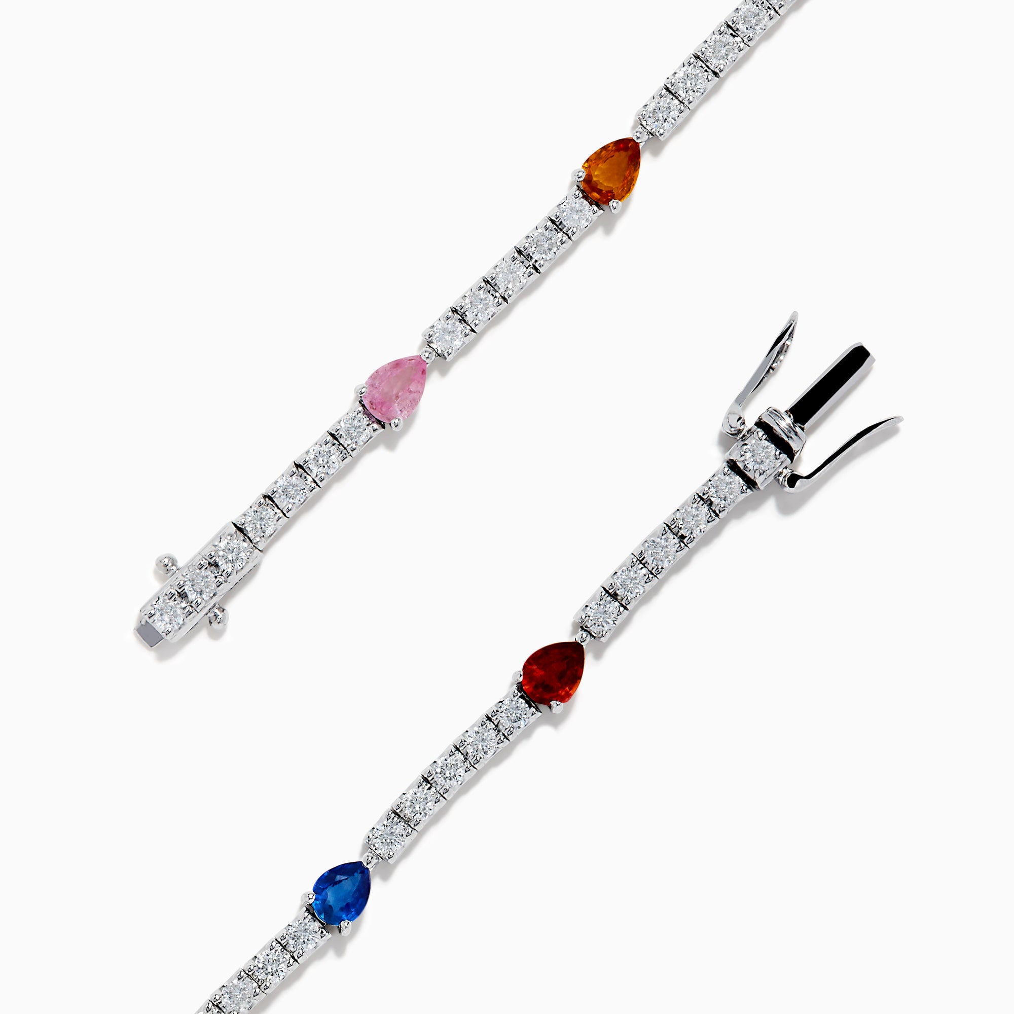 The Watercolors 14K White Gold Multi Sapphire and Diamond Tennis Bracelet features vivid sapphires in yellow, green, blue, orange, and red with sparkling diamonds for a timeless and elegant look.