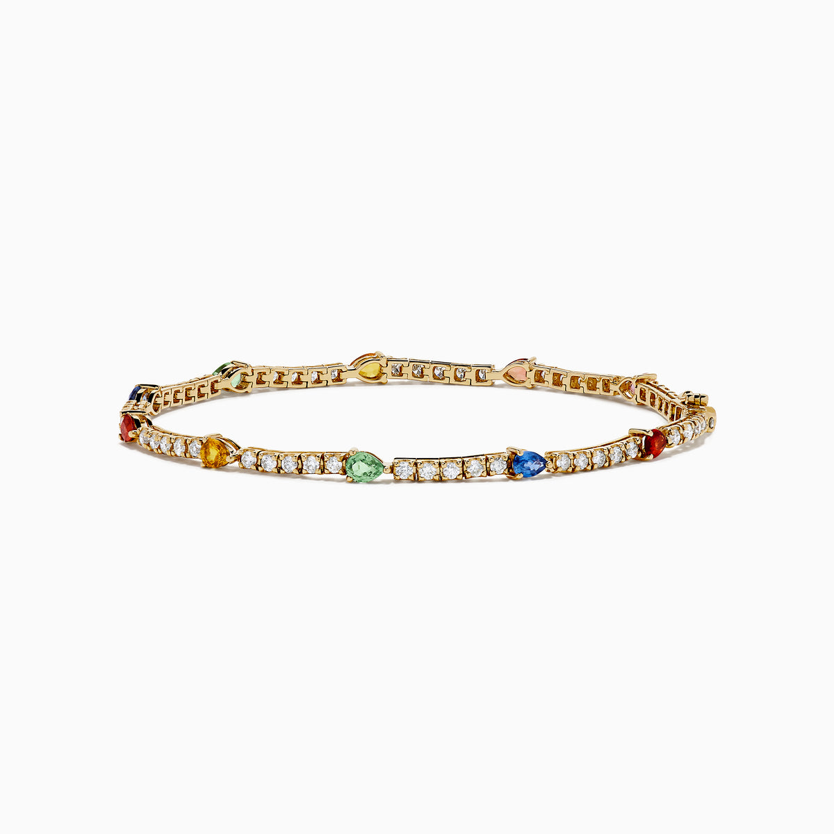 The Watercolors 14K Yellow Gold Multi Sapphire and Diamond Tennis Bracelet features a delicate band with alternating white diamonds and green, blue, red, yellow, and orange sapphires in a symmetrical design.