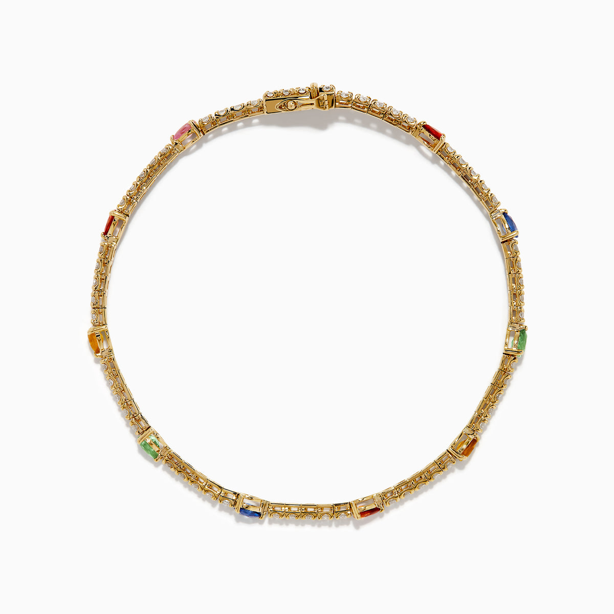 The Watercolors 14K Yellow Gold Multi Sapphire and Diamond Tennis Bracelet features a delicate band with alternating white diamonds and green, blue, red, yellow, and orange sapphires in a symmetrical design.