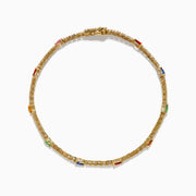 The Watercolors 14K Yellow Gold Multi Sapphire and Diamond Tennis Bracelet features a delicate band with alternating white diamonds and green, blue, red, yellow, and orange sapphires in a symmetrical design.