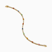 The Watercolors 14K Yellow Gold Multi Sapphire and Diamond Tennis Bracelet features a delicate band with alternating white diamonds and green, blue, red, yellow, and orange sapphires in a symmetrical design.