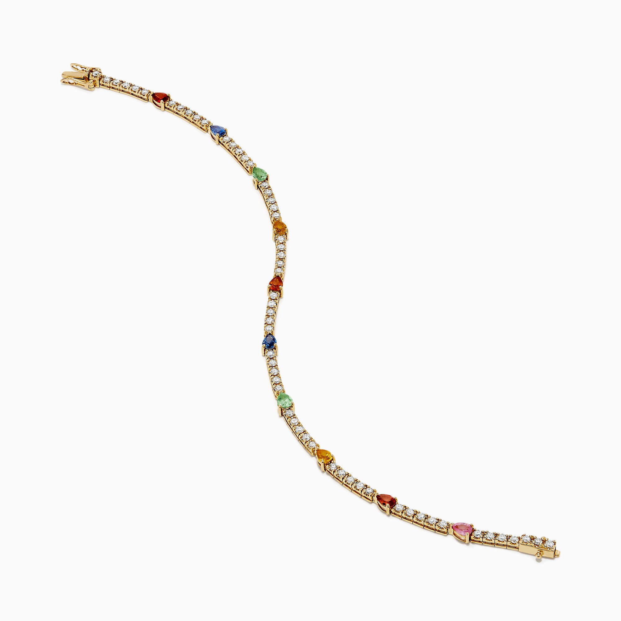 The Watercolors 14K Yellow Gold Multi Sapphire and Diamond Tennis Bracelet features a delicate band with alternating white diamonds and green, blue, red, yellow, and orange sapphires in a symmetrical design.