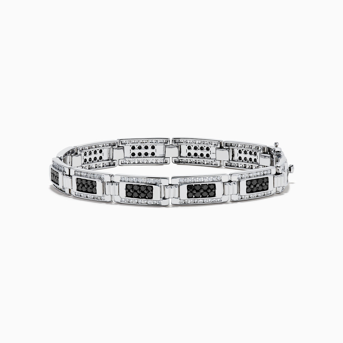 The Men's 14K White Gold White and Black Diamond Link Bracelet features rectangular links with black and white diamond accents, shown on a white background.