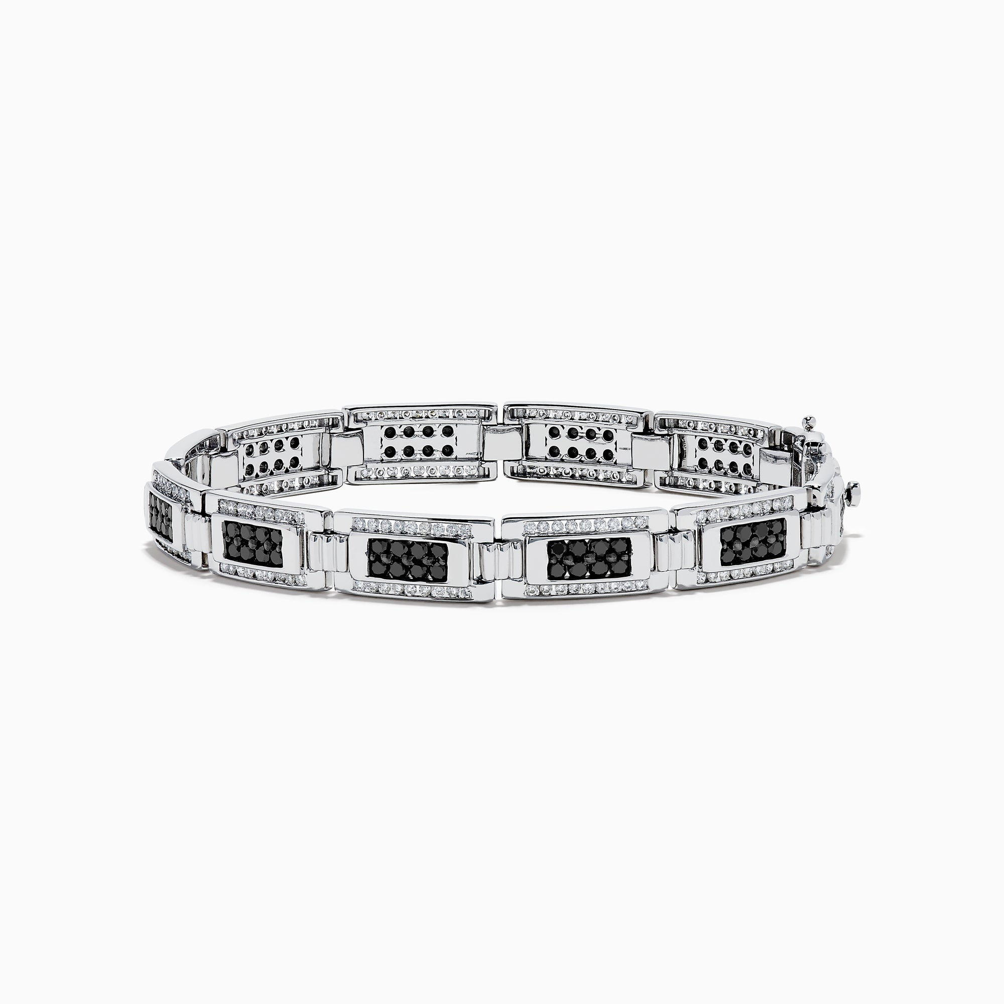 The Men's 14K White Gold White and Black Diamond Link Bracelet features rectangular links with black and white diamond accents, shown on a white background.