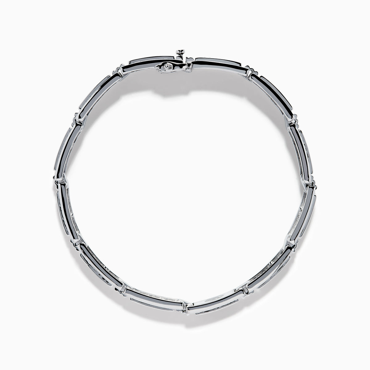 The Men's 14K White Gold White and Black Diamond Link Bracelet features rectangular links with black and white diamond accents, shown on a white background.