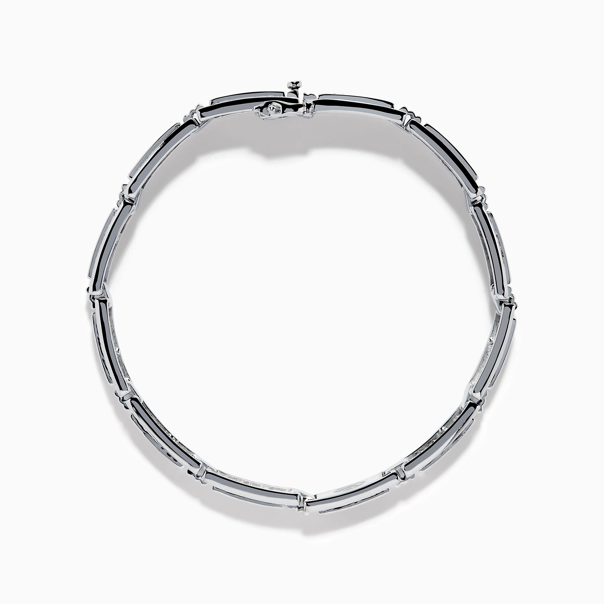 The Men's 14K White Gold White and Black Diamond Link Bracelet features rectangular links with black and white diamond accents, shown on a white background.
