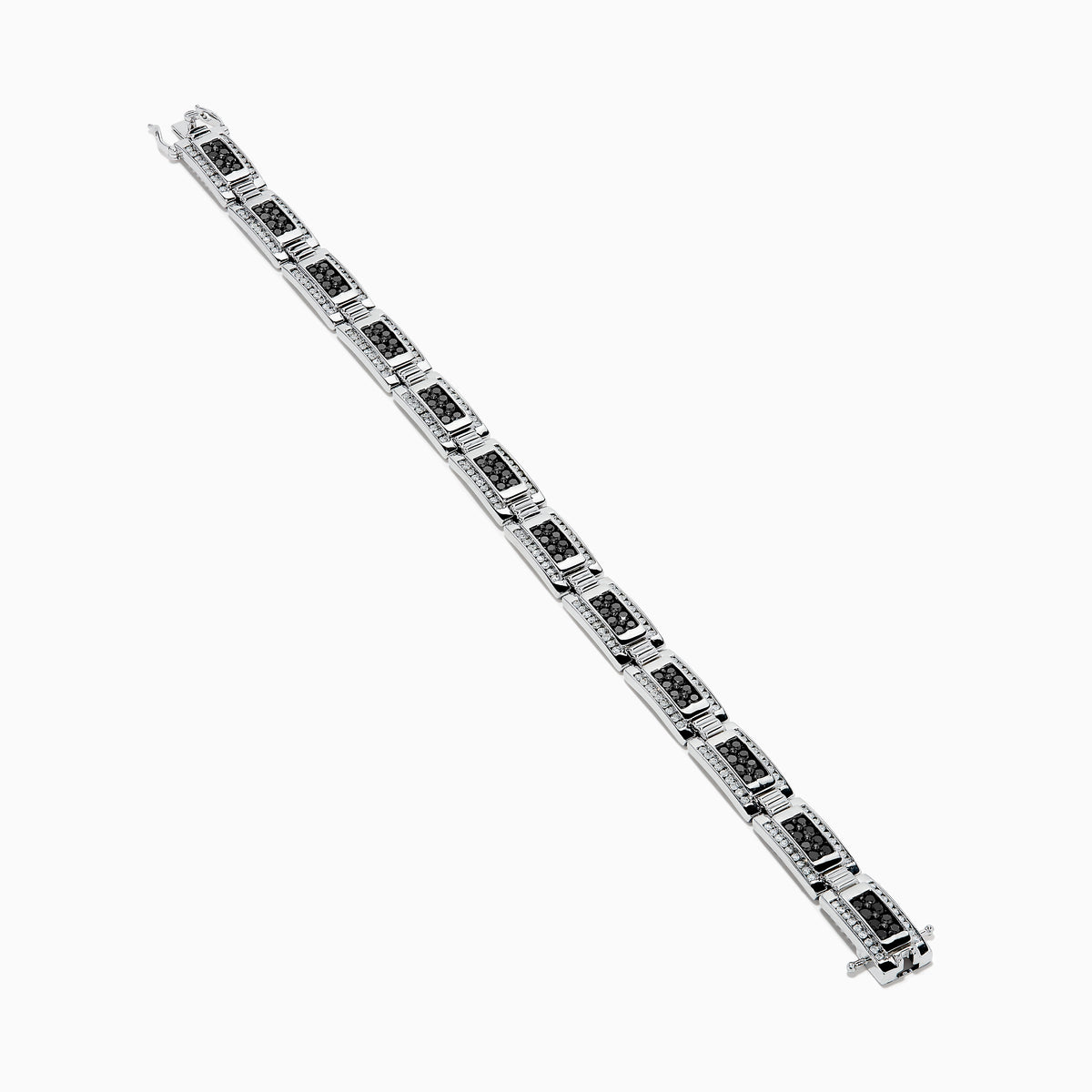 The Men's 14K White Gold White and Black Diamond Link Bracelet features rectangular links with black and white diamond accents, shown on a white background.