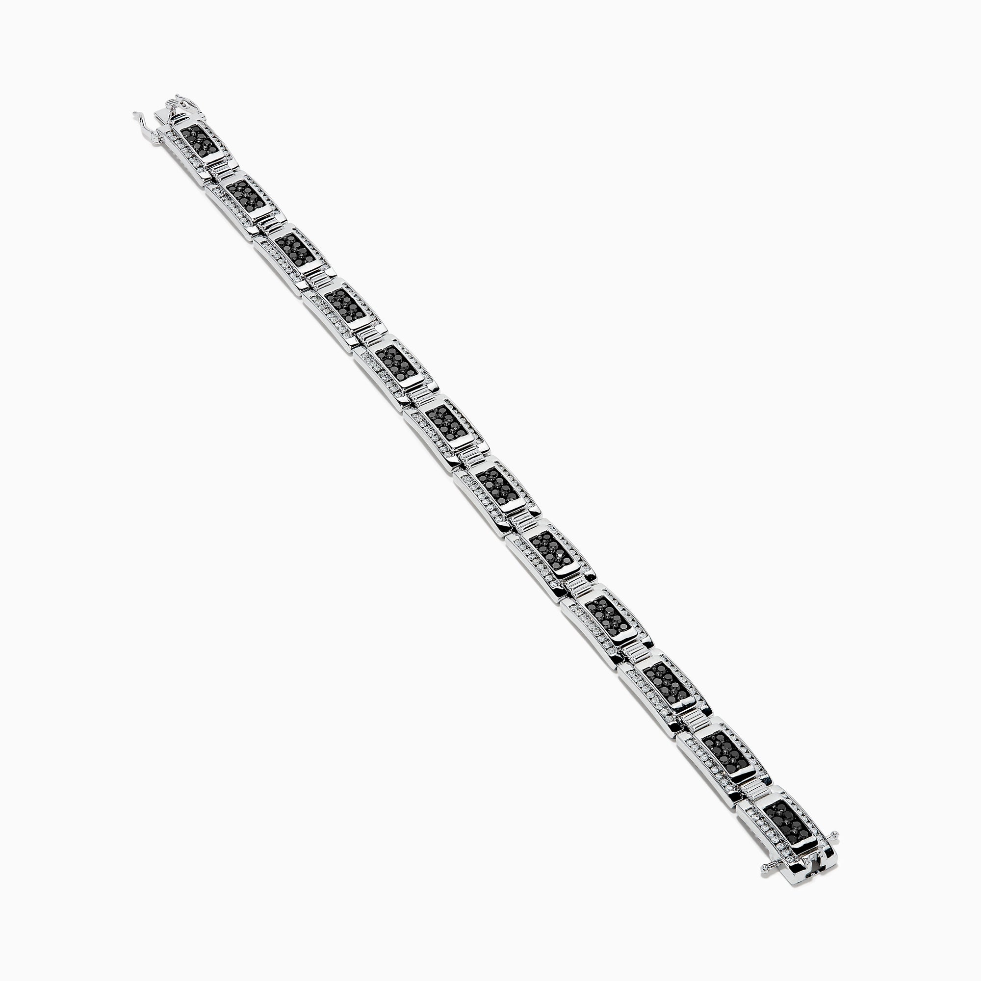 The Men's 14K White Gold White and Black Diamond Link Bracelet features rectangular links with black and white diamond accents, shown on a white background.