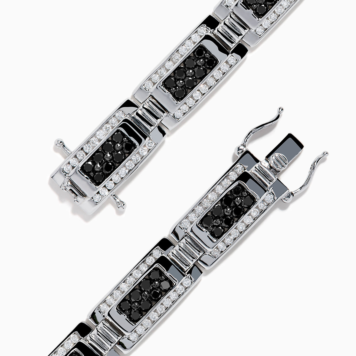 The Men's 14K White Gold White and Black Diamond Link Bracelet features rectangular links with black and white diamond accents, shown on a white background.