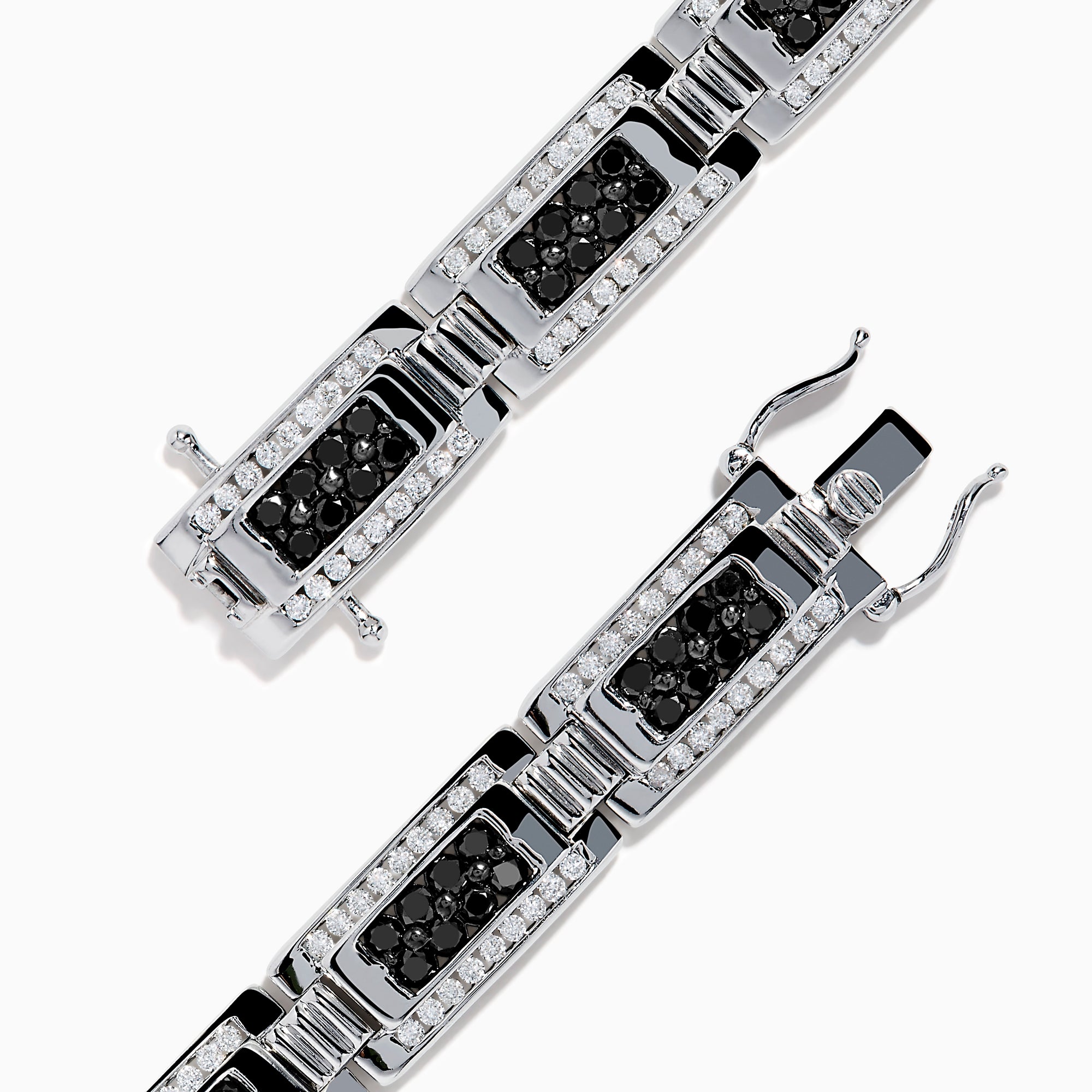 The Men's 14K White Gold White and Black Diamond Link Bracelet features rectangular links with black and white diamond accents, shown on a white background.