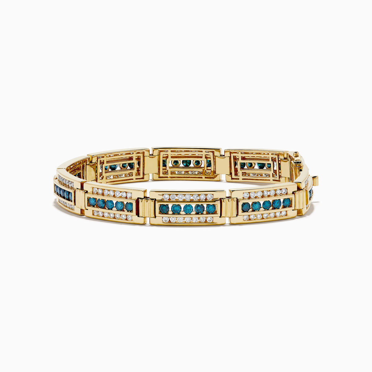 The Men's 14K Yellow Gold White and Blue Diamond Linked Bracelet showcases alternating rows of white and blue diamonds set in rectangular segments for a striking, elegant look.