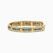 The Men's 14K Yellow Gold White and Blue Diamond Linked Bracelet showcases alternating rows of white and blue diamonds set in rectangular segments for a striking, elegant look.