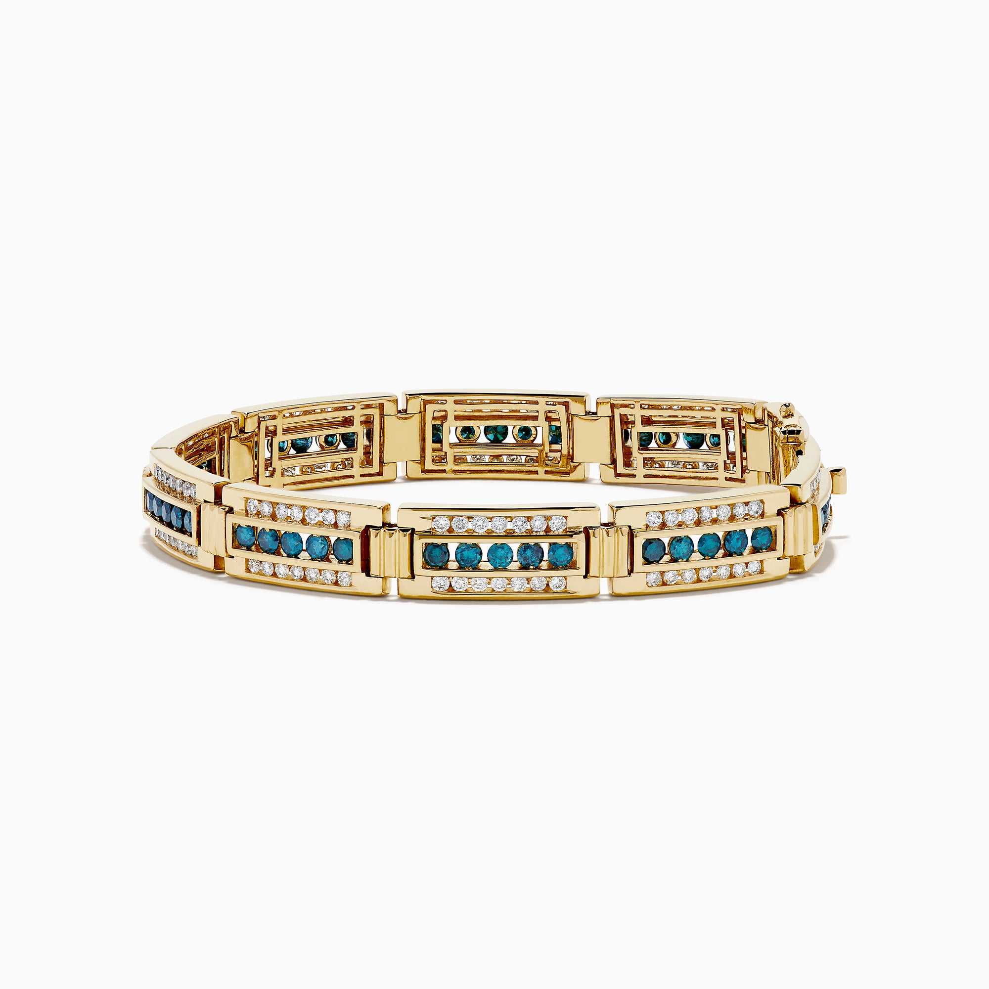 The Men's 14K Yellow Gold White and Blue Diamond Linked Bracelet showcases alternating rows of white and blue diamonds set in rectangular segments for a striking, elegant look.