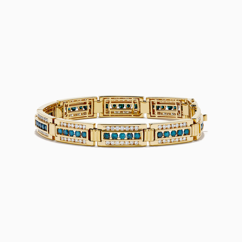 The Men's 14K Yellow Gold White and Blue Diamond Linked Bracelet showcases alternating rows of white and blue diamonds set in rectangular segments for a striking, elegant look.