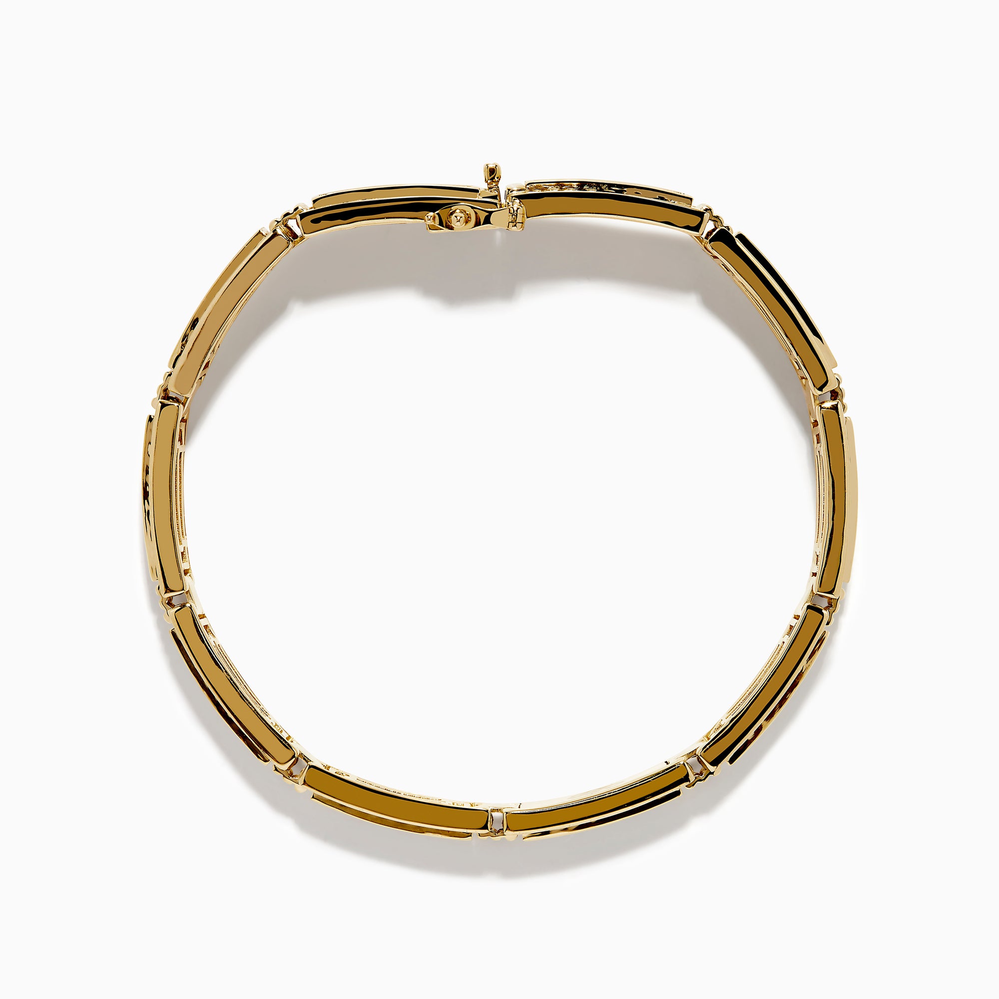 The Men's 14K Yellow Gold White and Blue Diamond Linked Bracelet showcases alternating rows of white and blue diamonds set in rectangular segments for a striking, elegant look.