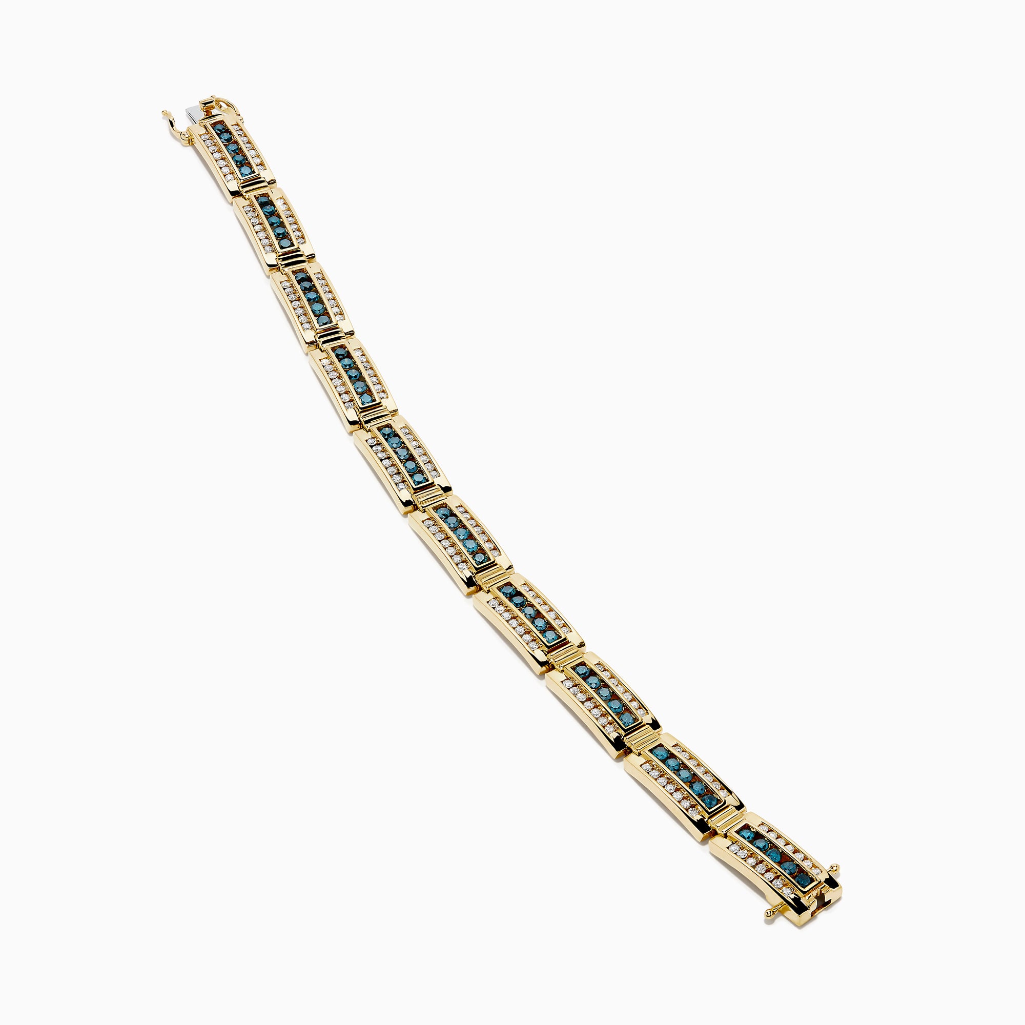 The Men's 14K Yellow Gold White and Blue Diamond Linked Bracelet showcases alternating rows of white and blue diamonds set in rectangular segments for a striking, elegant look.
