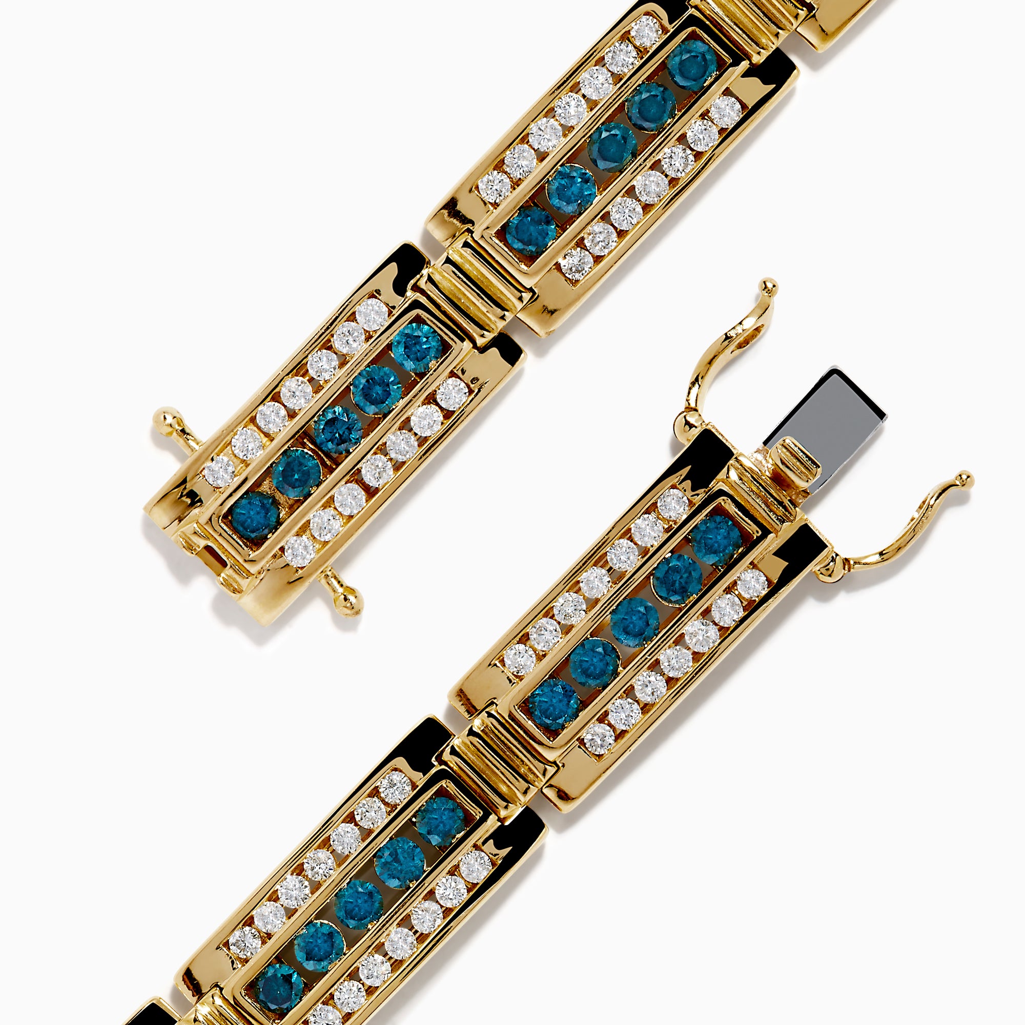 The Men's 14K Yellow Gold White and Blue Diamond Linked Bracelet showcases alternating rows of white and blue diamonds set in rectangular segments for a striking, elegant look.