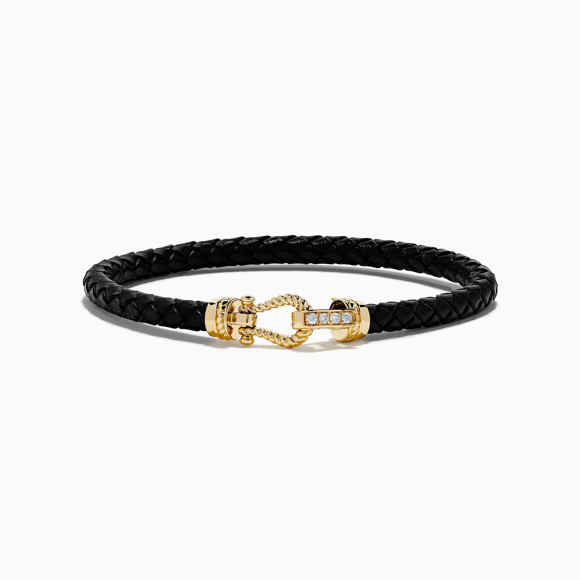 The Men's 14K Yellow Gold Diamond Accented Horseshoe Leather Bracelet features black braided leather and a gold, diamond-accented horseshoe clasp, shown against a plain white background.