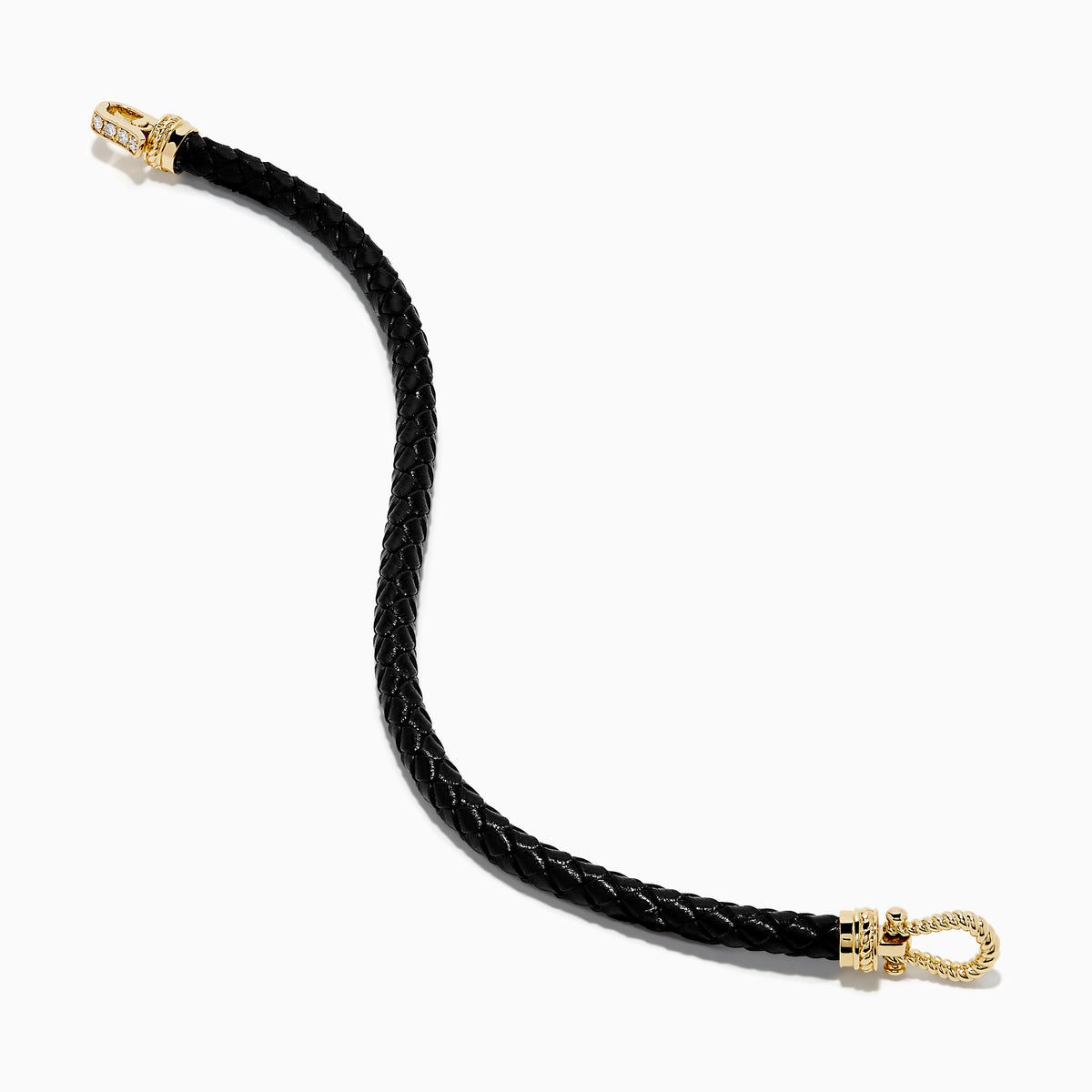 The Men's 14K Yellow Gold Diamond Accented Horseshoe Leather Bracelet features black braided leather and a gold, diamond-accented horseshoe clasp, shown against a plain white background.