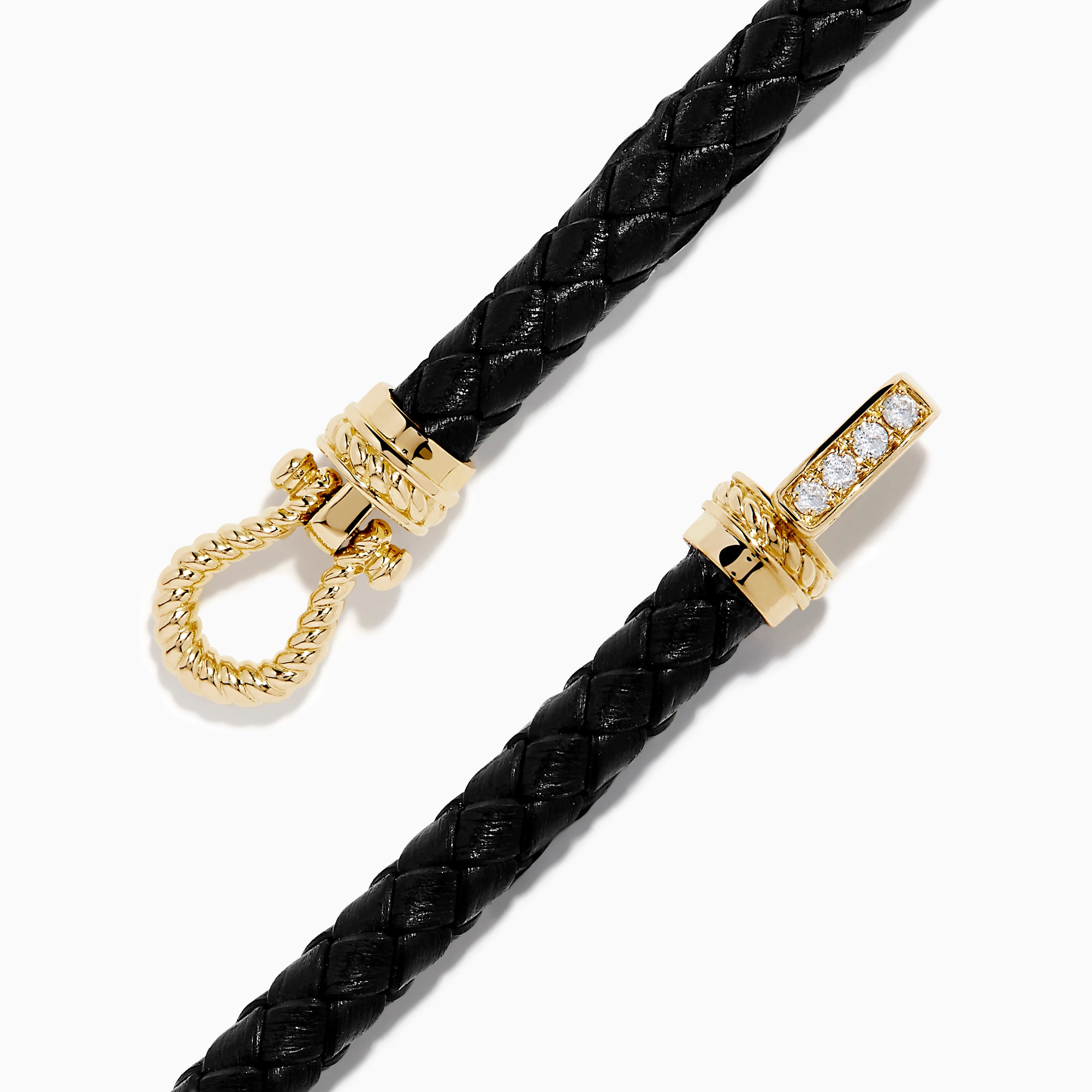The Men's 14K Yellow Gold Diamond Accented Horseshoe Leather Bracelet features black braided leather and a gold, diamond-accented horseshoe clasp, shown against a plain white background.