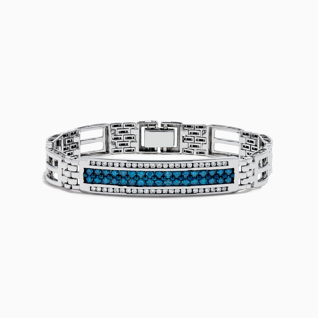 The Men's 14K White Gold Blue and White Diamond Linked Bracelet features geometric links and a rectangular center plate adorned with two rows of blue and white diamonds, accented by clear stones.
