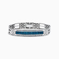 The Men's 14K White Gold Blue and White Diamond Linked Bracelet features geometric links and a rectangular center plate adorned with two rows of blue and white diamonds, accented by clear stones.