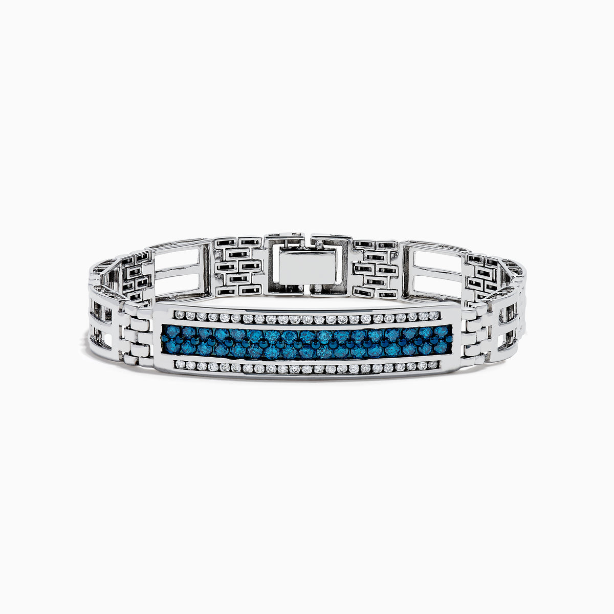 The Men's 14K White Gold Blue and White Diamond Linked Bracelet features geometric links and a rectangular center plate adorned with two rows of blue and white diamonds, accented by clear stones.