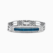 The Men's 14K White Gold Blue and White Diamond Linked Bracelet features geometric links and a rectangular center plate adorned with two rows of blue and white diamonds, accented by clear stones.