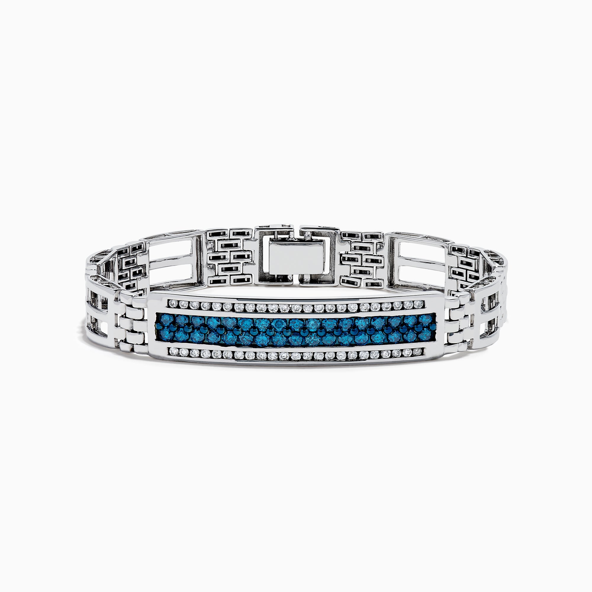 The Men's 14K White Gold Blue and White Diamond Linked Bracelet features geometric links and a rectangular center plate adorned with two rows of blue and white diamonds, accented by clear stones.