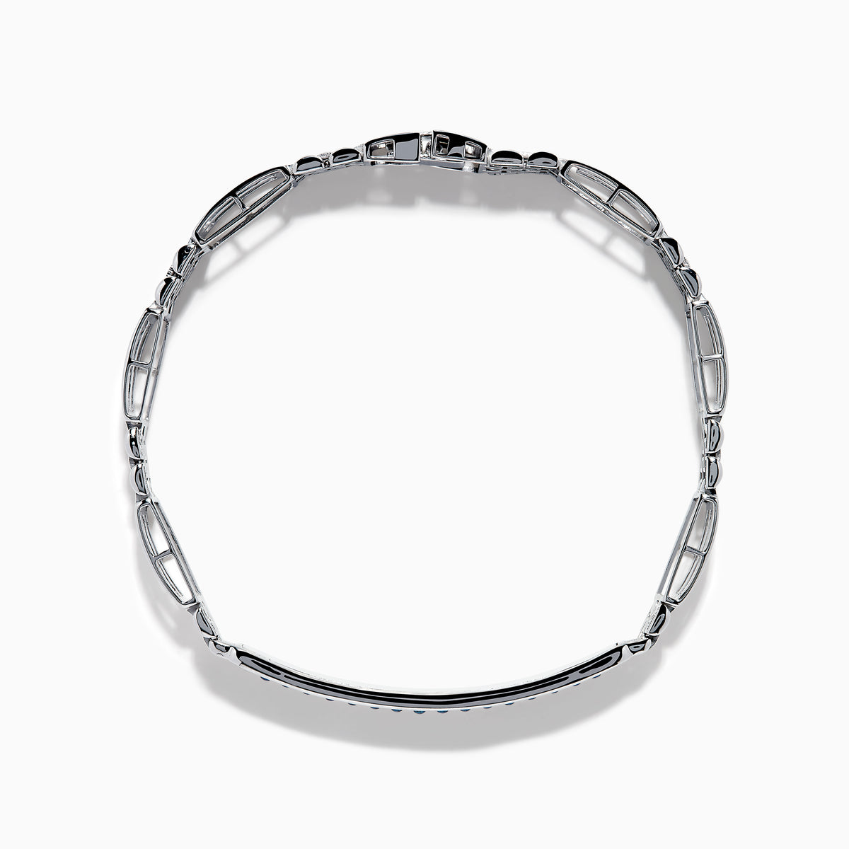 The Men's 14K White Gold Blue and White Diamond Linked Bracelet features geometric links and a rectangular center plate adorned with two rows of blue and white diamonds, accented by clear stones.