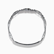 The Men's 14K White Gold Blue and White Diamond Linked Bracelet features geometric links and a rectangular center plate adorned with two rows of blue and white diamonds, accented by clear stones.