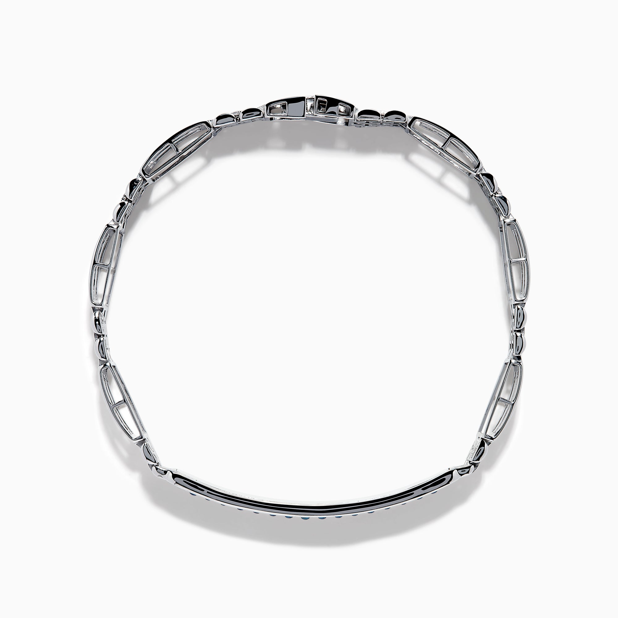 The Men's 14K White Gold Blue and White Diamond Linked Bracelet features geometric links and a rectangular center plate adorned with two rows of blue and white diamonds, accented by clear stones.